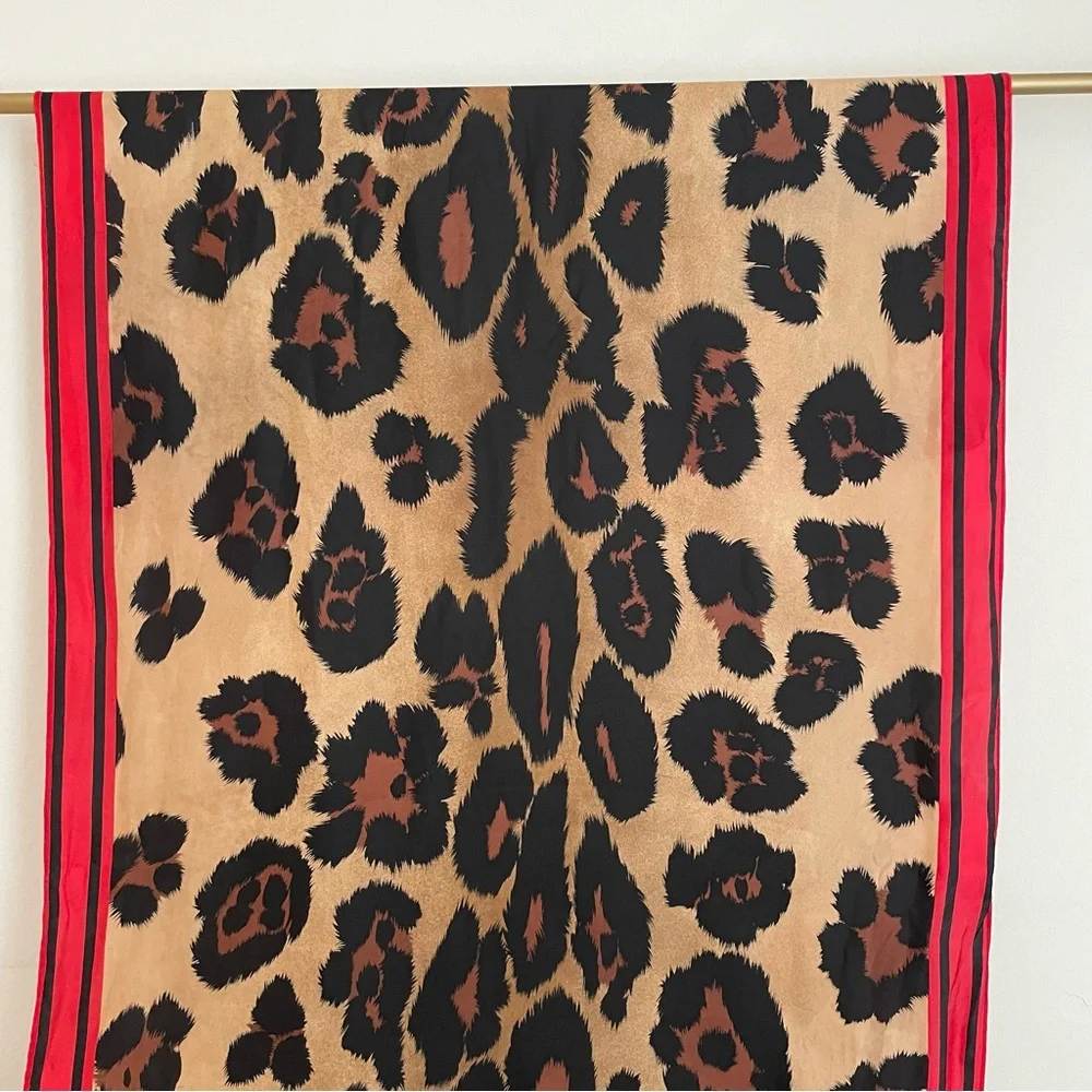 Large Perry Ellis Silk‎ Scarf Wrap Shawl Animal Print Tan Black Red Bordered